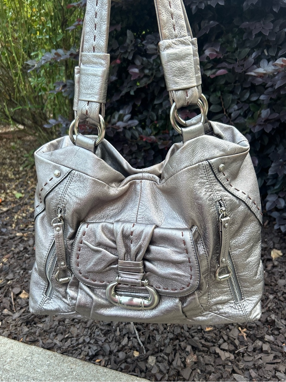 B. Makowsky Metallic Pewter Leather Hobo Shoulder Bag Whipstitch Accent Y2K